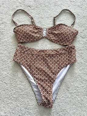 Brown Geo Print High-Waist Bikini Set